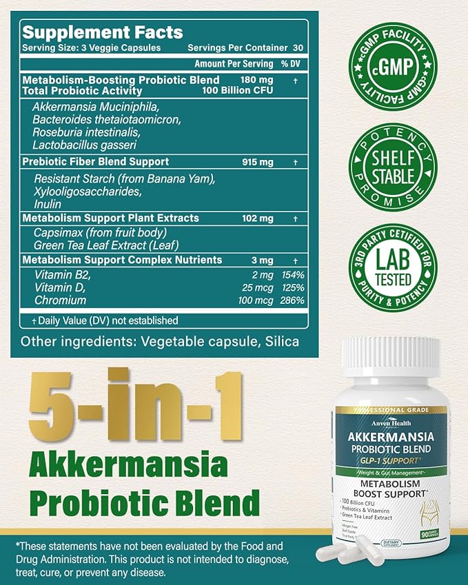 GLP-1 Supplement 100 Billion Akkermansia Probiotic & Prebiotic for Gut Health & Digestion, Metabolism & Energy Support with Vitamin B2 & D, Green Tea and Chromium - Non-GMO | 270 Capsules