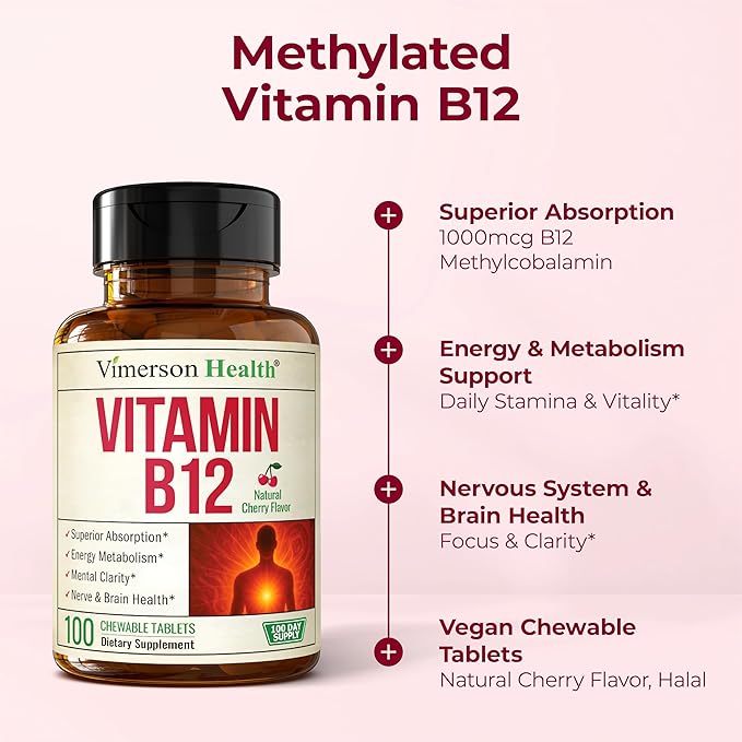 Vitamin B12 1000 mcg – Chewable Methylated B12 (Methylcobalamin B12) for Energy & Metabolism Support – Methylated B Complex for Superior Absorption – 100 Natural Cherry-Flavored Tablets - Vegan