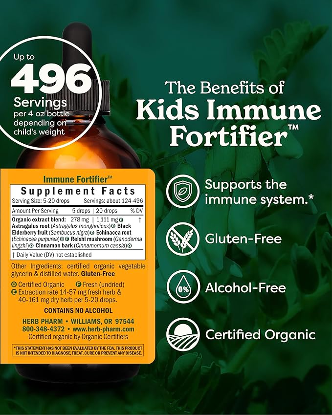Herb Pharm Kids Immune Fortifier: Alcohol-Free Organic Immunity Supplement with Elderberry & Echinacea, Kids Immune Support | Fast Absorption, Liquid Wellness Formula, Up to 35 Week Supply, 4 oz*