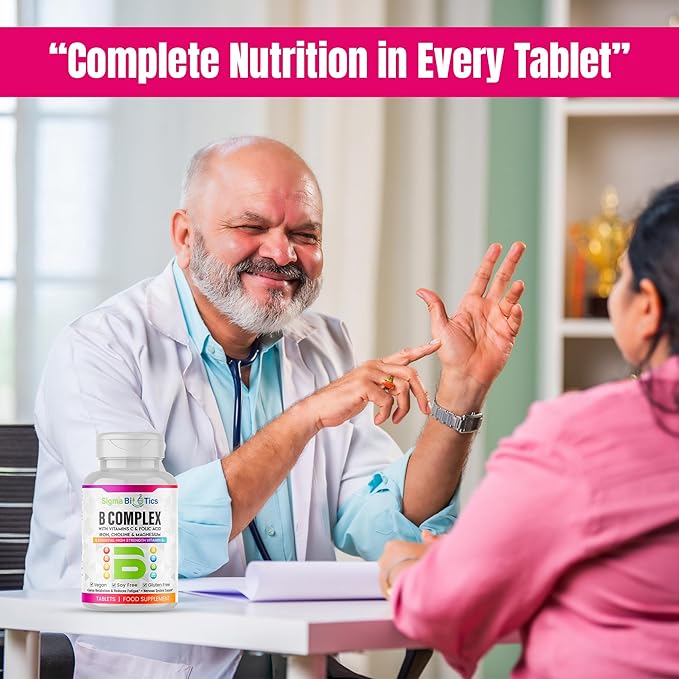 B Complex with Vitamin C, Folic Acid, Iron, Choline & Magnesium - Advanced High Potency B1, B2, B3, B5, B6, B7, B9, B12 - Energy & Nervous System Support - Vegan, Non-GMO 120 Tablets