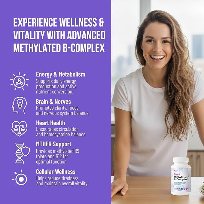 Methylated B-Complex Vitamins - Complete Bioactive Methyl B-Vitamins B12 B6 B9 5-MTHF for Energy Heart Brain & Methylation - Women Men Bio Active Nutrients MTHFR Multivitamins Support