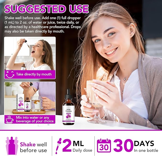 Milk Thistle Silymarin Marianum Supplement Liquid Drop for Liver & Kidney Cleansing Support, Potent Antioxidant, Herbal-Based Formula, Non-GMO - 2 Fl.Oz/60 ML