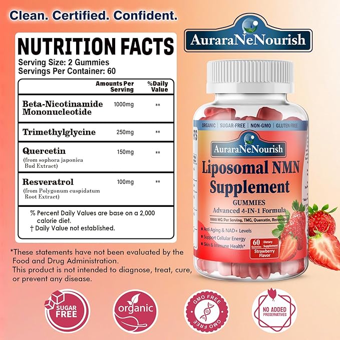 NMN Supplement 1000mg Pure, 4-in-1 Liposomal NMN Resveratrol Supplement Gummies w.Quercetin & TMG, Nicotinamide Mononucleotide NAD+ Precursor for NAD+ Levels, Cellular Energy & Healthy Aging, 60 Count