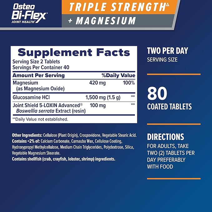 Osteo Bi-Flex Triple Strength Glucosamine Supplement with Magnesium, Improve Joint Function, Helps Leg Cramps and Muscle Function, 80 Coated Tablets