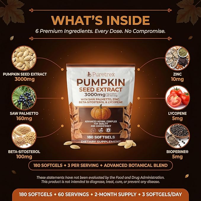 Pumpkin Seed Oil 3000mg with Saw Palmetto, Beta-Sitosterol, Zinc & BioPerine® – 180 Vegan Softgels | Prostate & Hair Growth Support | DHT Blocker | Urinary & Bladder Health | Cold-Pressed