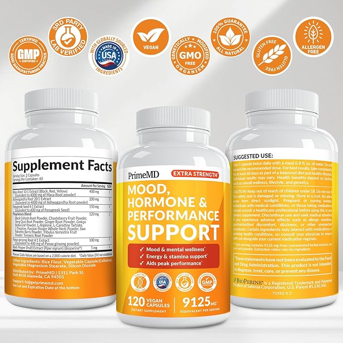 19-in-1 Extra Strength Peruvian Maca Root Capsules - 9125 mg Ashwagandha Supplements with Fenugreek and Ginseng for Mood, Hormone and Performance Support (120 ct)