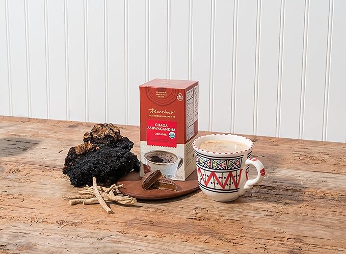 Teeccino Organic Mushroom Herbal Tea, Chaga Ashwagandha, Butterscotch Cream, Caffeine Free, 25 Tea Bags, 5.3 oz (150 g)