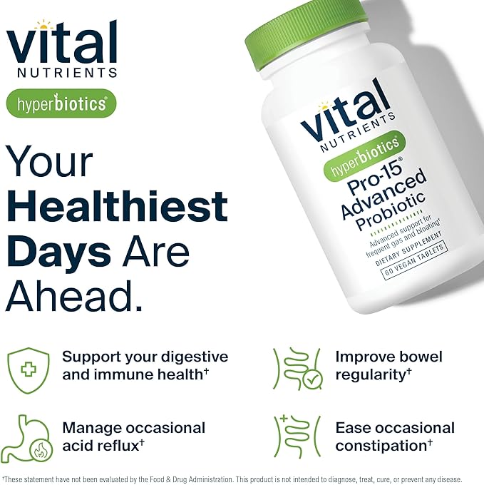 Hyperbiotics Vital Nutrients Pro-15 Advanced Probiotics for Women and Men | 15 Strains + Kiwifruit | Clinically Studied Daily Probiotics for Digestive Health, Gas, & Bloating | 60 Vegan Tablets