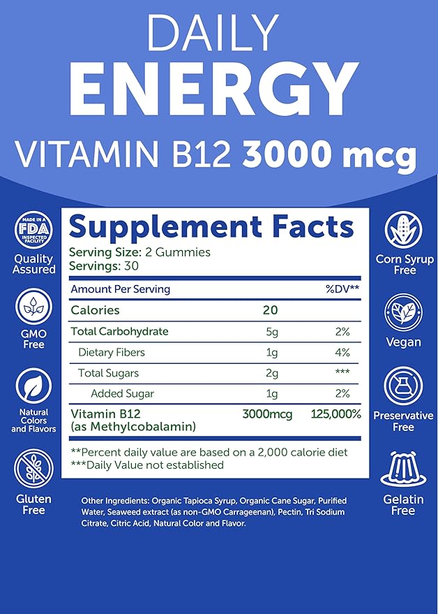 Lunakai USA Made Vegan Energy Gummies – Daily Energy Supplements – 3000mcg Vitamin B12 Gummies for Women & Men – for Home or On‑The‑Go Use - 6 Pack