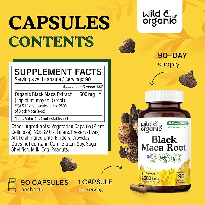 Wild & Organic Black Maca Root Capsules for Men & Women 500 mg - Maca Root Extract for Overall Support - 90 Vegan Capsules - Women & Men Supplement - 90 Days Supply - Non-GMO, No Fillers, Gluten-Free