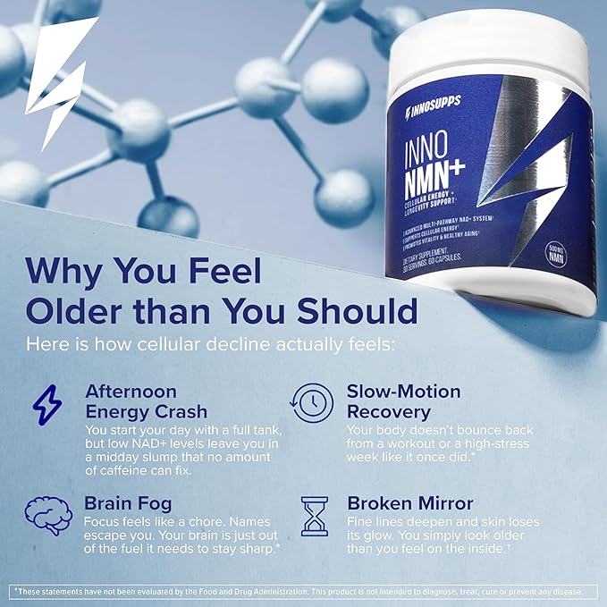 InnoSupps Inno NMN+ Supplement 500mg with NAD+ for Brain Function, Anti Aging & Cell Regeneration, Supports Cellular Energy, Muscle & Heart Health, w/Resveratrol, Niacin, & Vitamin C - 90 Servings