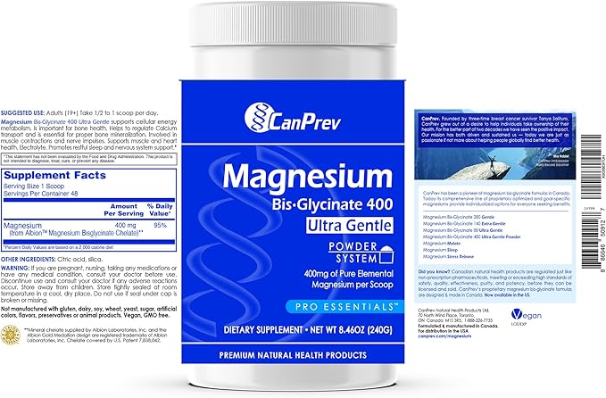 CanPrev Magnesium Bisglycinate 400 Ultra Gentle Powder 240g 48 Servings, 400mg Elemental Magnesium Per Scoop, Supports Restful Nights, Muscle Function, Gentle on Digestion, Vegan, Non-GMO, Gluten-Free