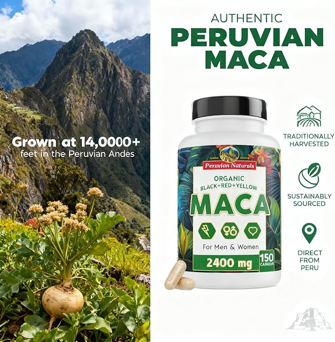 Peruvian Naturals Organic Maca Root Capsules for Women & Men, 2400 mg, 300 Vegan Pills with Black, Red & Yellow Root, Gelatinized, Non-GMO, Pack of 2