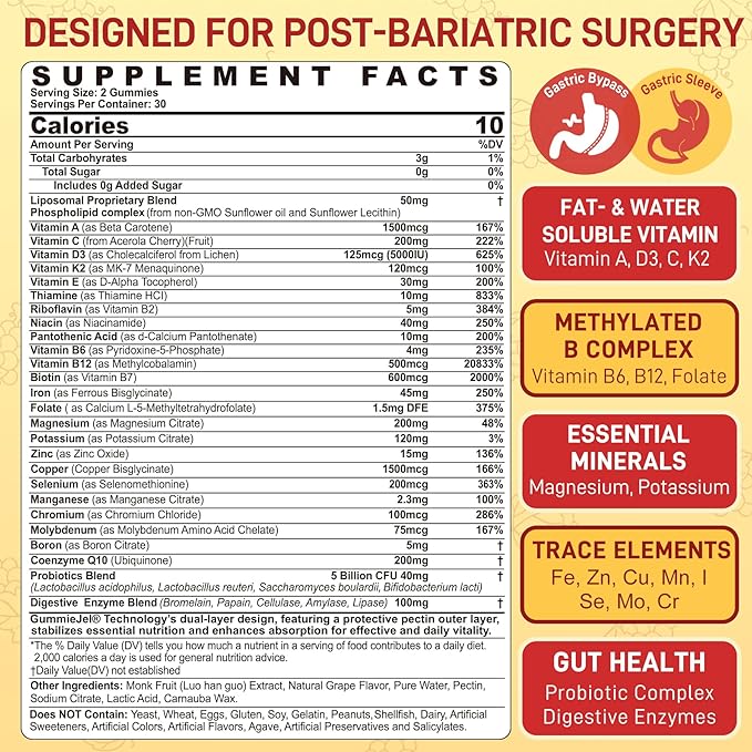 Liposomal Methylated Bariatric Multivitamin Gummies with Iron for Women & Men, High Absorption Multivitamin w/CoQ 10, Probiotic, Digestive Enzymes Support Gastric Bypass & Sleeve Recover, Energy,1Pack