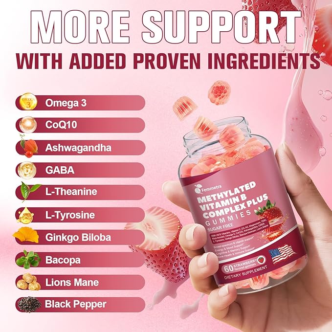 Ultra Methylated Vitamin B Complex Sugar Free Gummies - All B Vitamins + Vitamin C D3 K2 Ashwagandha Magnesium Omega 3 CoQ10 for Women Men - Methyl Vitamin B12, Methylfolate, B1, B2, B3, B5, B6, B7 B9