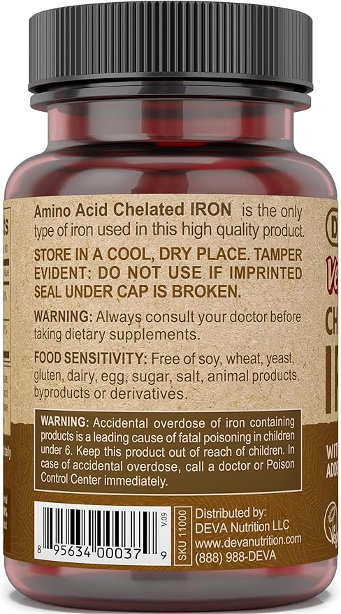 DEVA Nutrition Vegan Chelated Iron 29 mg Fortified with B-12 - High Potency, Easy to Swallow - 90 Tablets, 2-Pack