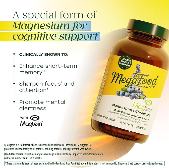 MegaFood Magtein Magnesium L-Threonate - Magnesium Supplement 2000mg Per Serving - Supports Short-Term Memory, Focus, Alertness & Normal Sleep Cycles - Vegan, Gluten Free - 90 Capsules, 30 Servings