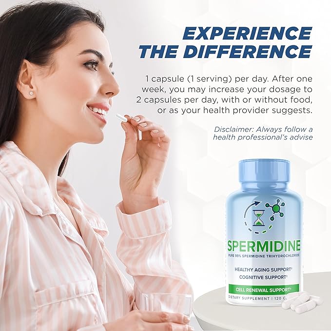 MaxLife Naturals Pure Spermidine Supplement with Trihydrochloride 3HCL 10mg - 120 Capsules Spermidine Supplements for Men and Women, Brain Focus & Cellular Vitality, Cell Renewal Support, Made in USA