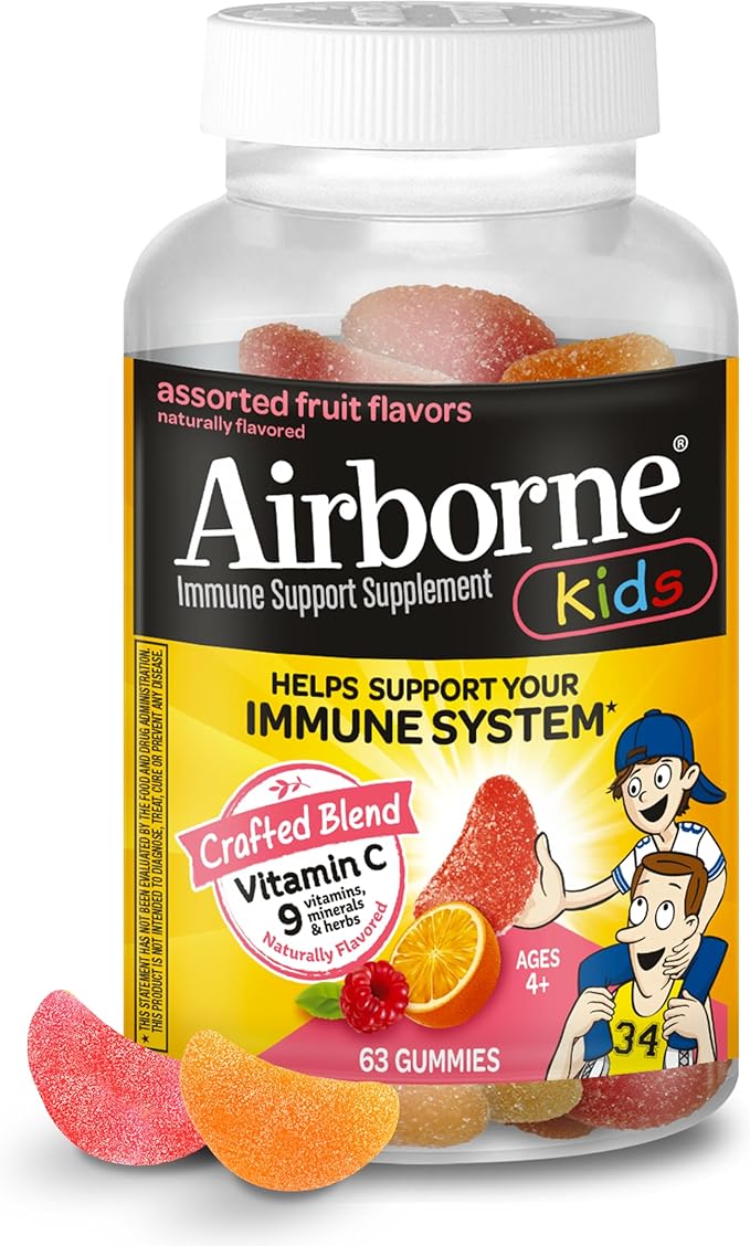 Airborne 500mg Vitamin C + Zinc Immune Support Supplement Gummies for Kids, Assorted Fruit Flavor, Gluten Free Crafted Blend with Powerful Antioxidants Vitamins C & E, 63 Gummies