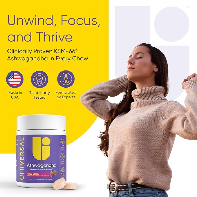 Universal U Calm + Focus Ashwagandha Chews – KSM-66® 300 mg Clinically Studied Extract for Stress Relief, Mood Balance & Calm Energy – Mixed Berry Flavor – 60 Chews
