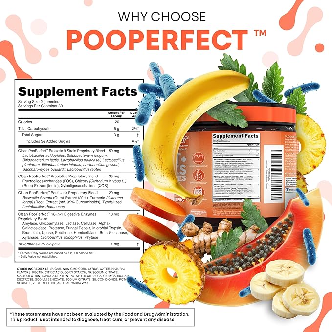 Clean Nutra Prebiotic Postbiotic Digestive Enzymes Gummies with Chicory Root, Boswellia Serrata, Turmeric, and Akkermansia | Pre+Post Probiotics Supplement | 60 Count Gummy | PooPerfect