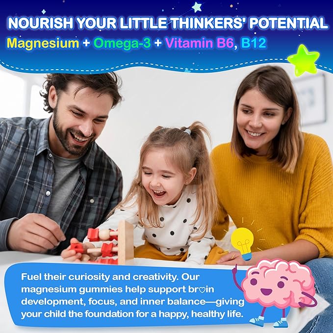 Kids Magnesium Glycinate Gummies - Magnesium Glycinate Supplement 200mg with L-theanine Omega-3 Calcium Vitamin D3 & B12 for Kids Natural Zzz at Bedtime & Overall Health - Sugar Free & Non-GMO
