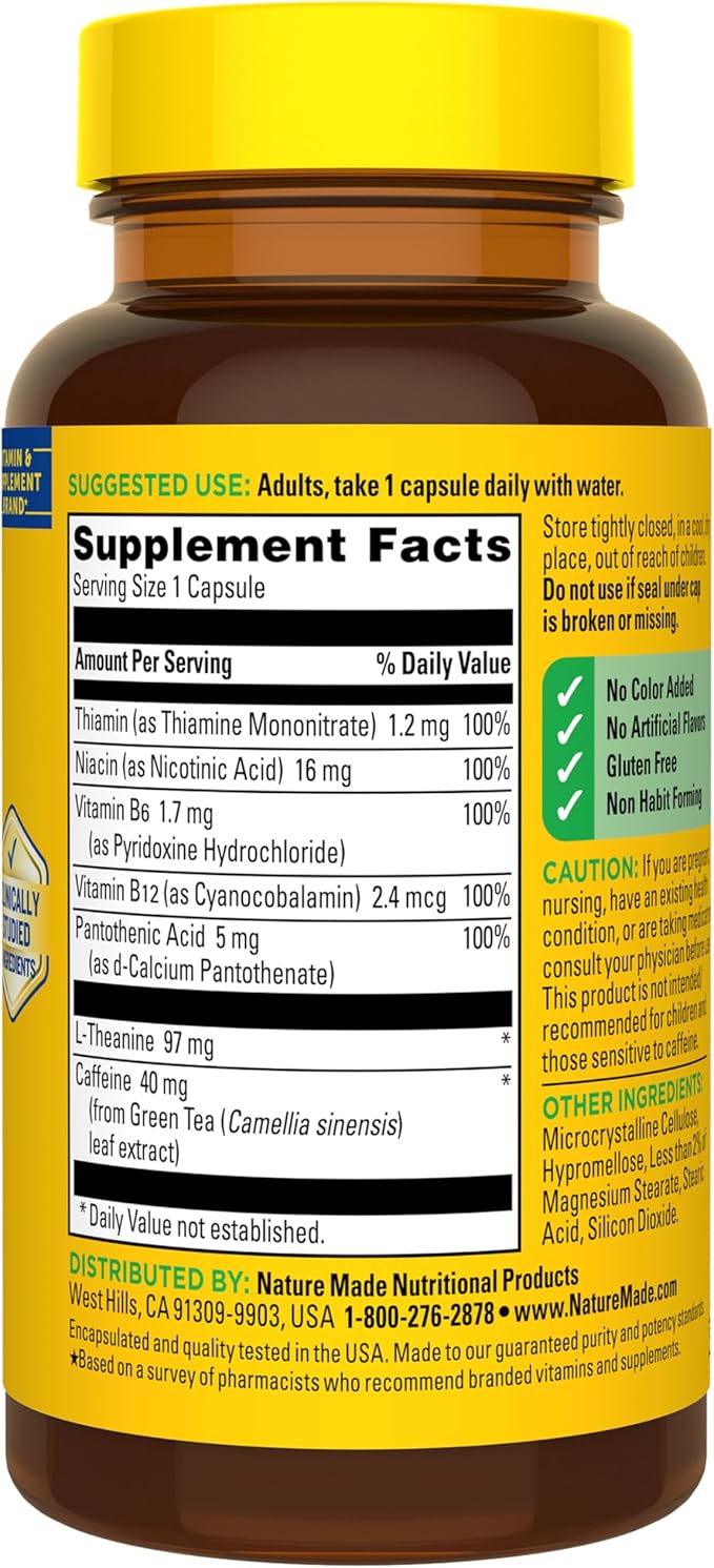 Nature Made Focus Boost Capsules, Green Tea Caffeine + L Theanine, B Vitamins, Fast Acting Focus Supplement, 30 Capsules, 30 Day Supply