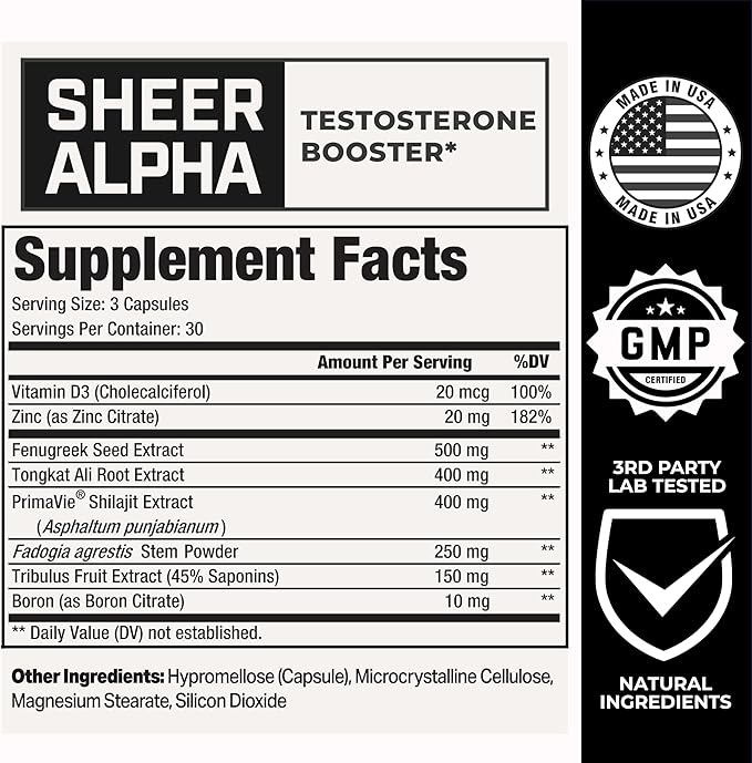 Testosterone Booster for Men - Sheer Alpha T-Booster - Clinically Backed Dose, Strongest Formula - Made in USA - Premium Blend of Fadogia Agrestis Tongkat Ali and Shilajit. 30 Servings