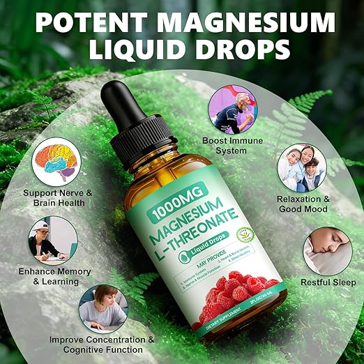 Magnesium L-Threonate 1000mg, Magnesium Threonate Enriched with Theanine, Apigenin, and Lemon Balm, Designed to Support Brain Health, Sleep & Memory, Featuring a Natural Raspberry Flavor, 60ml(1 Pack)