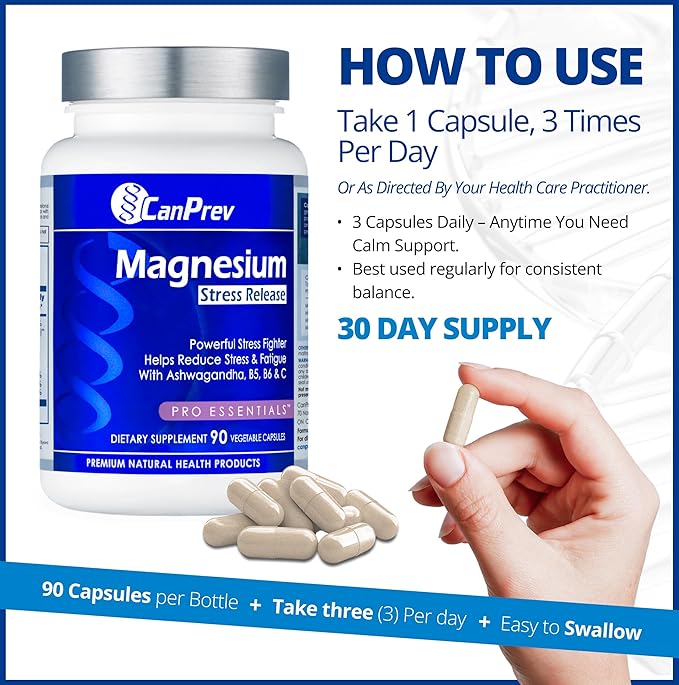 CanPrev Magnesium Bisglycinate with Ashwagandha, B5, B6 & Vitamin C, 90 Veg Caps, 30-Day Supply, Support Restful Nights & Relaxation, Helps Energy & Immnue Function, Vegan, Non-GMO, Dairy, Soy, Gluten