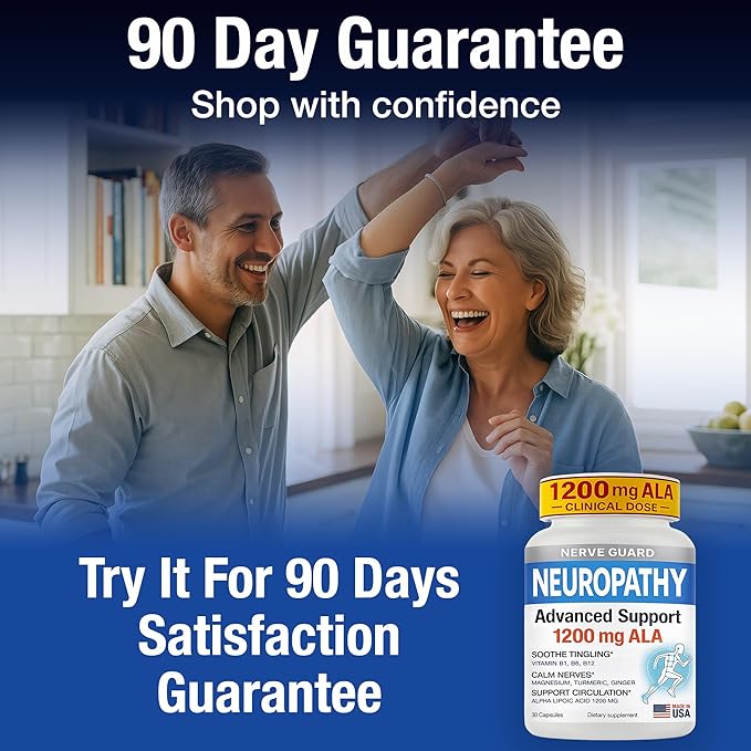Neuropathy Support Supplement with 1200 mg Alpha Lipoic Acid to Fortify Nerves in Fingers Hands Toes & Feet – 1200mg ALA, Vitamins B12 B6 & B1, Magnesium – 30 Capsules
