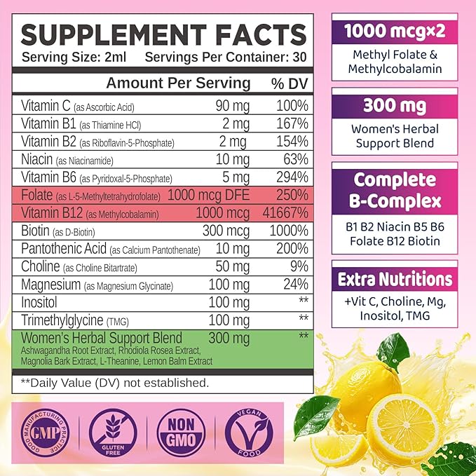 duwhot Women Methylated B-Complex Liquid Drops, Active B Vitamins B1 B2 B6 B9 (5-MTHF) & B12 1000 mcg, Vitamin C, Magnesium, Inositol, Choline & Herbal Blend for Energy, Stress Support, 2 Fl Oz