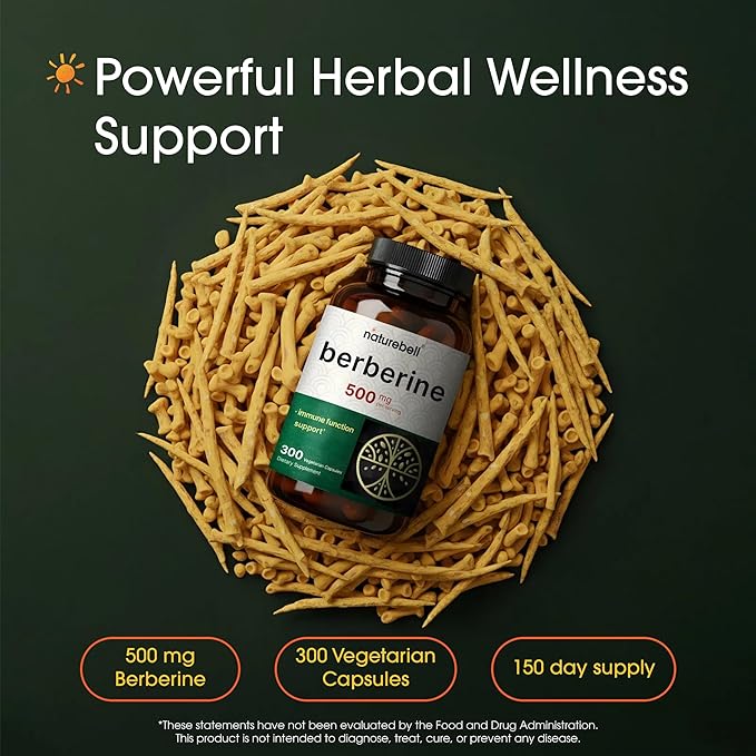 NatureBell Berberine 500mg - 300 Capsules - 97% Pure Berberine HCl - 5:1 Root Extract of Berberis Aristata - Antioxidant, Alkaloid & Adaptogenic Support*