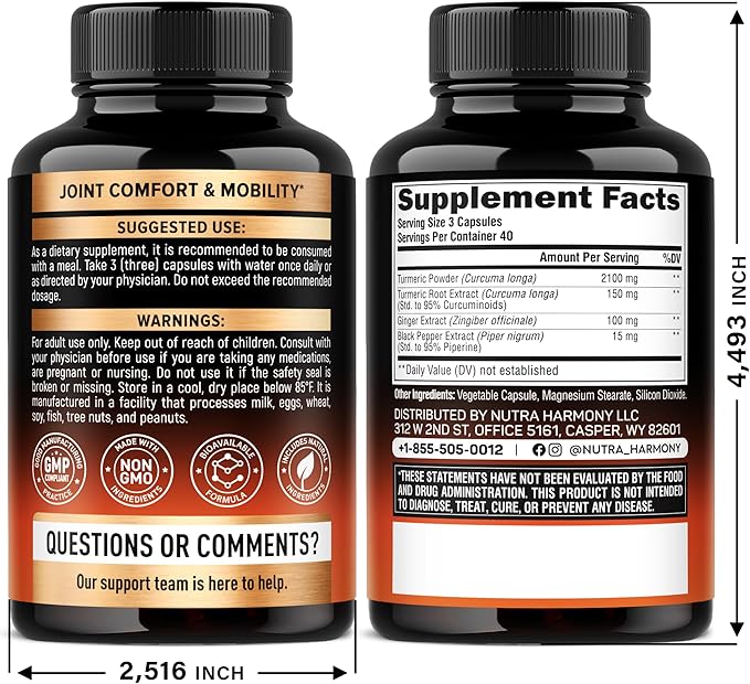 Turmeric Curcumin Supplement 2365 mg - Turmeric with Ginger & Black Pepper - Highly Bioavailable & Extra Strength 95% Curcuminoids - Antioxidant, Immunity & Joint Support - Made in USA - 120 Capsules