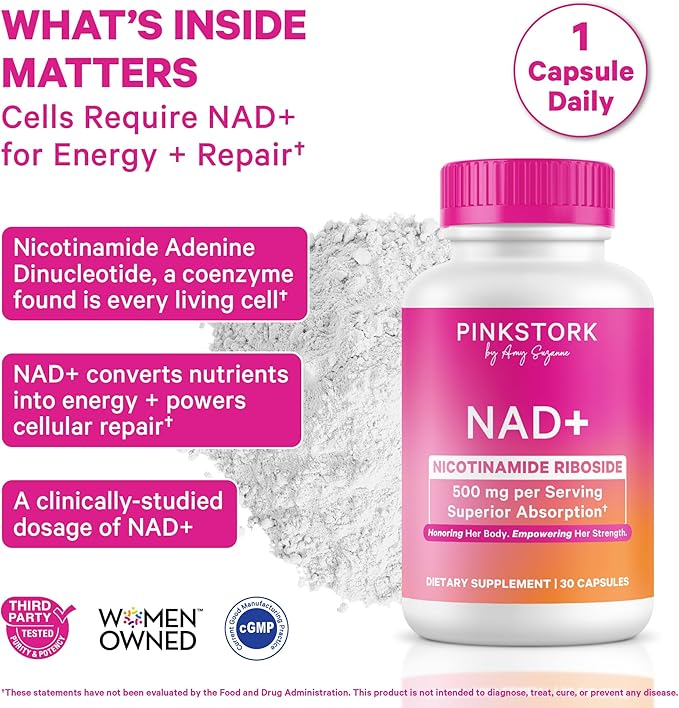 Pink Stork NAD+ Supplement for Women | 500mg Nicotinamide Riboside NR | Clinically-Studied Pure NMN Powder | Brain + Cognitive Support |Energy, Skin Essentials Over 30 | 1 Month Supply