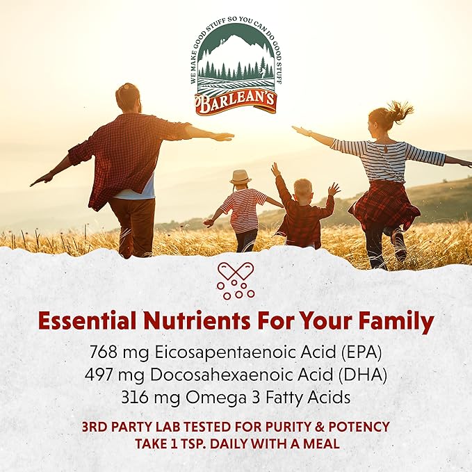 Barlean's Omega 3 Fish Oil Liquid Supplement, 1262mg EPA and DHA Fatty Acids, Non-GMO and Gluten Free, Orange Flavor, 8 oz