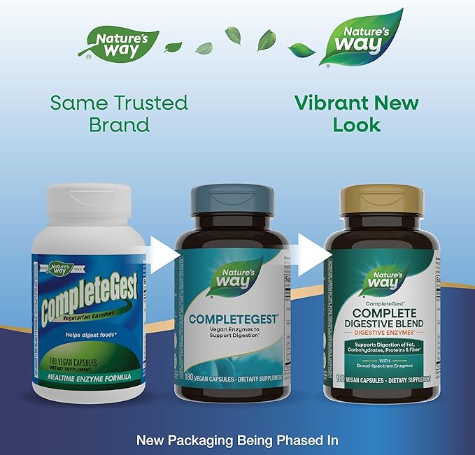 Nature's Way CompleteGest, Complete Digestive Blend, Vegan Enzymes, Supports Digestion of Fat, Carbohydrates, Proteins & Fiber*, 180 Capsules (Packaging May Vary)