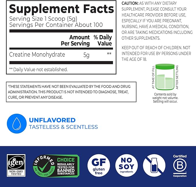 Orgain Creatine Monohydrate Micronized Powder, 100 Servings, Unflavored, Supports Muscle Growth, Post Workout Recovery and Brain Health, No Artificial Additives, for Men & Women (Packaging May Vary)