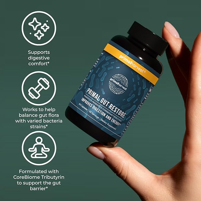 Primal Harvest Restore for Gut Health, Primal Gut Restore w/POSTbiotics, PREbiotics and PRObiotics for Women and Men, 60 CT - Digestion, Colon Cleanse, Immunity Support - Helps Leaky Gut Repair