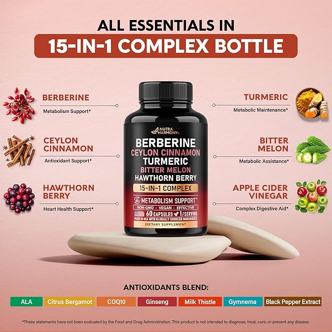 Berberine with Ceylon Cinnamon | Bitter Melon (Karela) | Apple Cider Vinegar | Hawthorn Berry | Citrus Bergamot | Turmeric - 15-in-1 Supplement for Heart Support, Metabolism & Energy - 60 Capsules