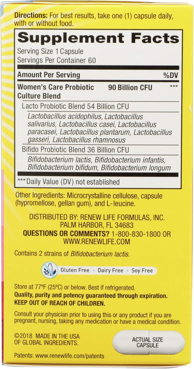 Renew Life Women's Probiotic Capsules, Supports pH Balance for Women, Vaginal, Urinary, Digestive and Immune Health, L. Rhamnosus GG, Dairy, Soy and Gluten-Free, 90 Billion CFU - 60 Ct