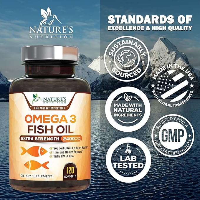 Omega 3 Fish Oil Supplements - 2400mg Fish Oil Per Serving - Triple Strength Omega-3 with EPA & DHA Fatty Acids - Natural Heart, Brain & Immune Support - Wild Caught, Bottled in USA - 120 Softgels