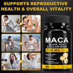 Organic Maca Root Powder Capsules 1500 mg with Black + Red + Yellow Peruvian Maca Root Extract Supplement for Men and Women - 60 Vegan Capsules