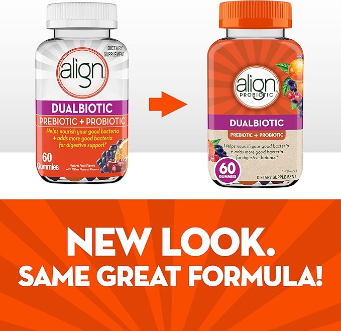 Align Dualbiotic, Prebiotics and Probiotics for Women and Men, Probiotics for Digestive Health, Prebiotics Help Nourish Good Bacteria, Natural Fruit Flavors, 60 Probiotic Gummies (Pack of 12)