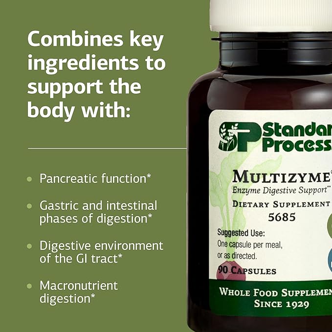 Standard Process Multizyme - Pancreatic Enzyme Supplement to Support the Breakdown of Proteins, Carbohydrates & Fats - Digestive Support - Gluten-Free, Non-Dairy & Non-Soy - 90 Capsules (90 Servings)