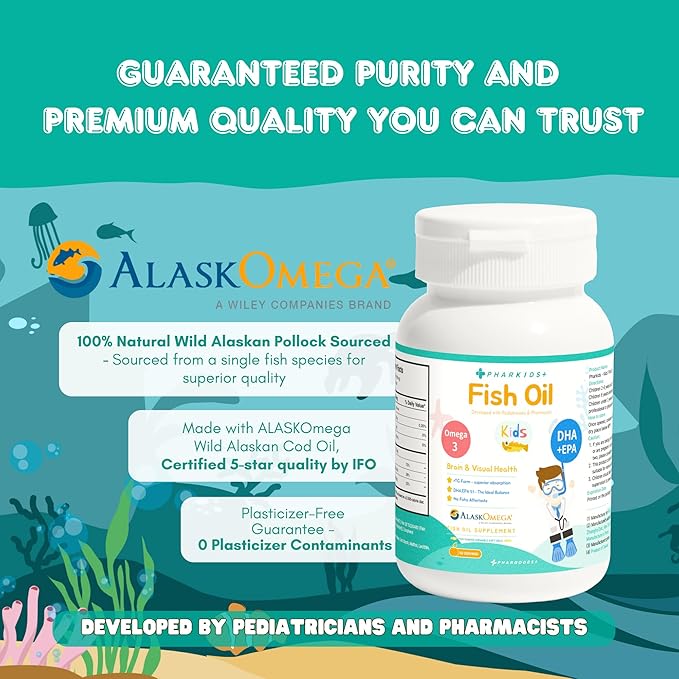 Kids' Fish Oil – 272mg Omega-3 DHA & EPA for Brain, Vision & Immune Support – Orange Flavor Fish-Shaped Soft Gels – 60 Servings