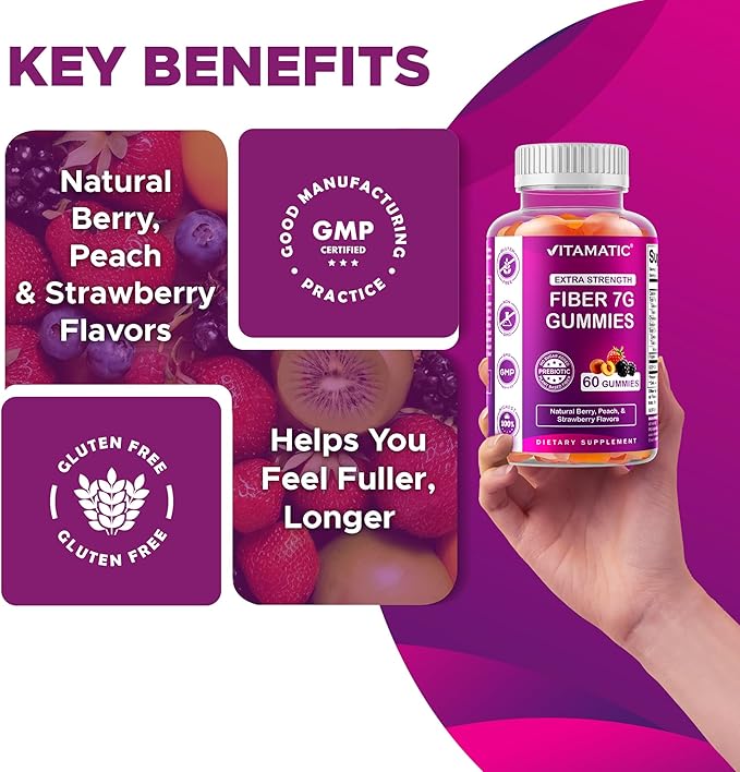Vitamatic Prebiotic Fiber Gummies for Adults – 4 Pack (Total 120 Gummies) 7g Fiber per Serving | Extra Strength | Zero Sugar Added | Pectin-Based | Digestive Health & Regularity Support