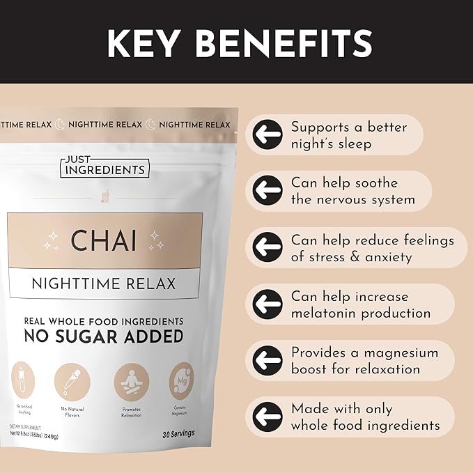 JUST INGREDIENTS Chai Nighttime Relax Drink Mix – 30 Servings | No Sugar Added | Magnesium, L-Theanine, Chamomile & Tart Cherry Extract | Supports Relaxation & Restful Evenings