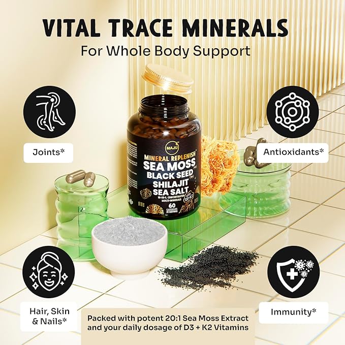 Maju Superfoods 18-in-1 Sea Moss, Black Seed, Shilajit, Sea Salt + D3 & K2, Concentrated Extracts, Trace Multi Mineral Capsules, for Men & Women Mineral Electrolytes Supplements