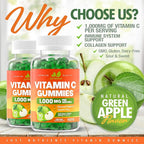 Vitamin C 1000mg Gummies (90 Count) - Maximum Strength Chewable Immune Support & Collagen Support for Adults & Kids - Natural Green Apple Flavor - Gluten Free, Non-GMO, Vegetarian - 90 Gummies